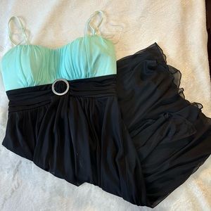 small ruby rox teal/black midi spaghetti strap dress